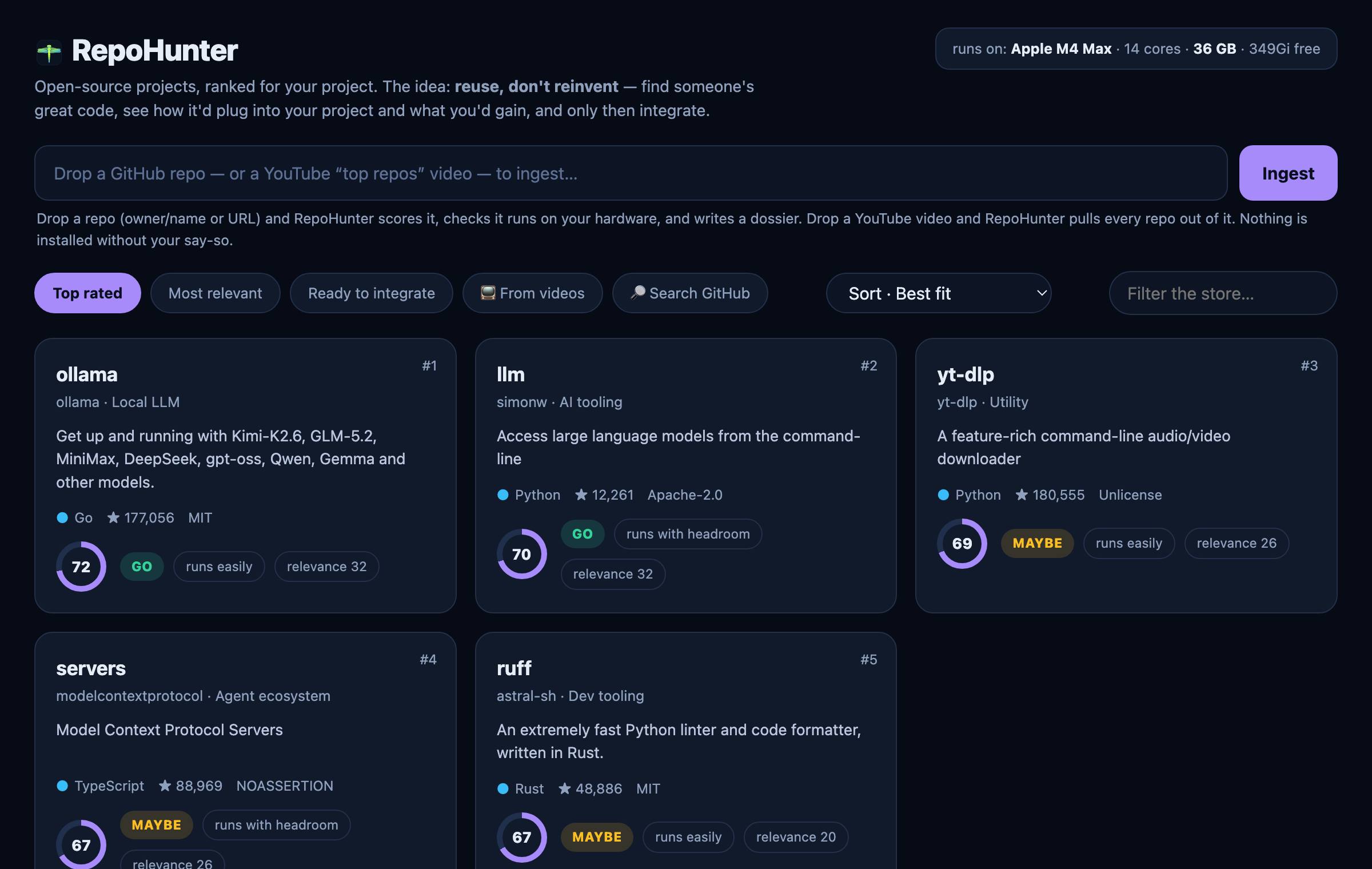 RepoHunter store: repos ranked with GO / MAYBE / SKIP verdicts, resource-fit, and scores